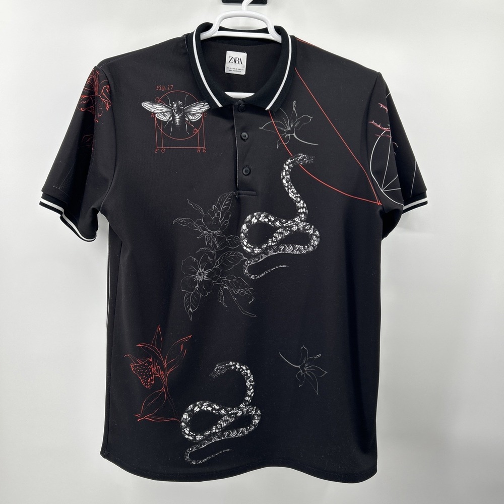 Zara Polo Shirt Men's XL Black Loose Golf Athleisure Goth Grunge Snake Spider